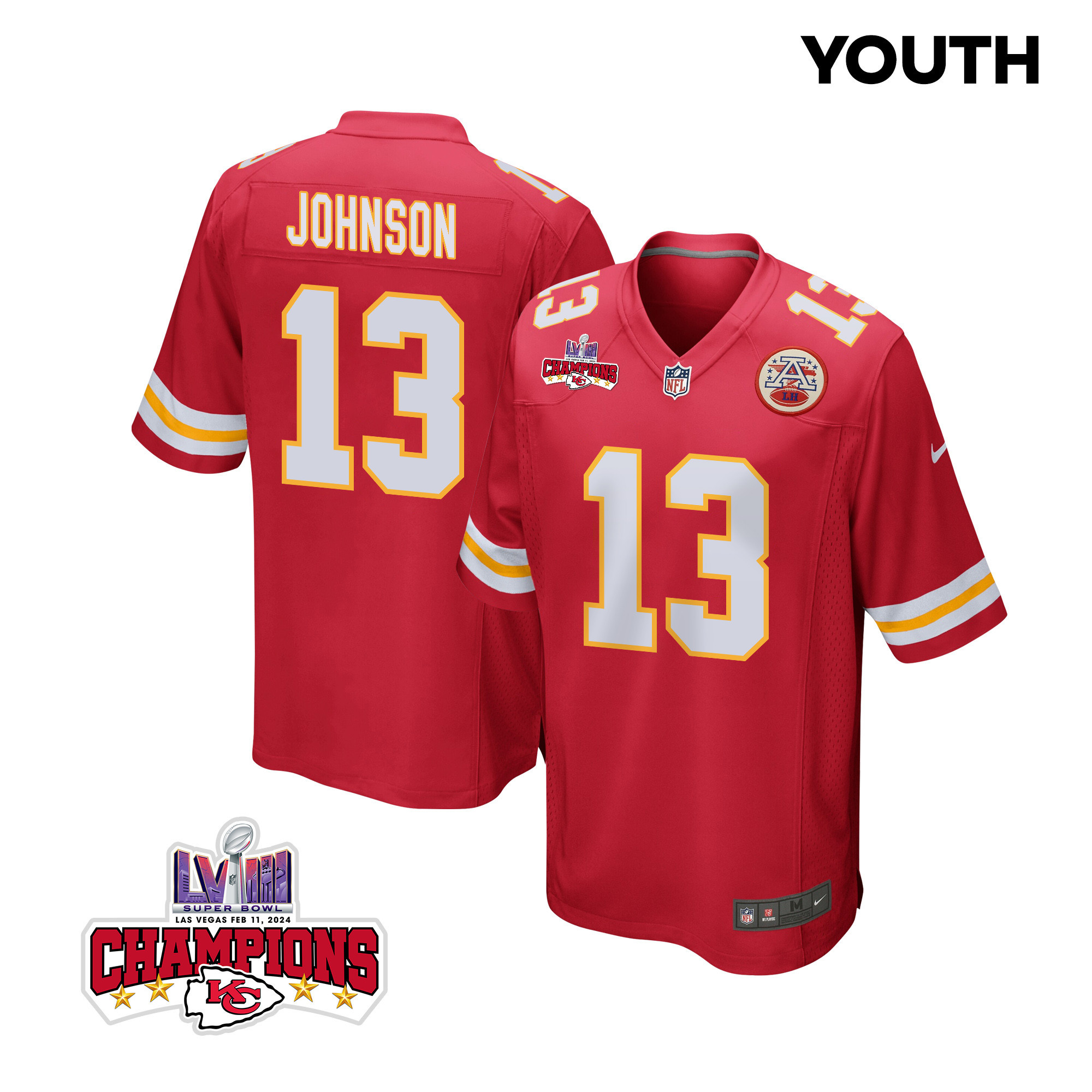 Nazeeh Johnson 13 Kansas City Chiefs Super Bowl LVIII Champions 4 Stars Patch Game YOUTH Jersey - Red JS8397 nicesnker