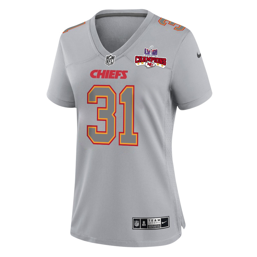 Alternative view of Nic Jones 31 Kansas City Chiefs Super Bowl LVIII Champions 4 Stars Patch Atmosphere Fashion Game Women Jersey - Gray JS9520 nicesnker