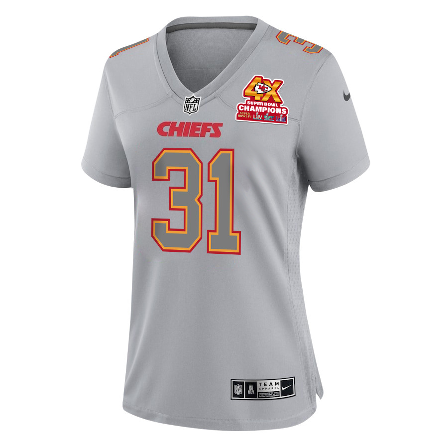 Alternative view of Nic Jones 31 Kansas City Chiefs Super Bowl LVIII Champions 4X Atmosphere Fashion Game Women Jersey - Gray JS4410 nicesnker