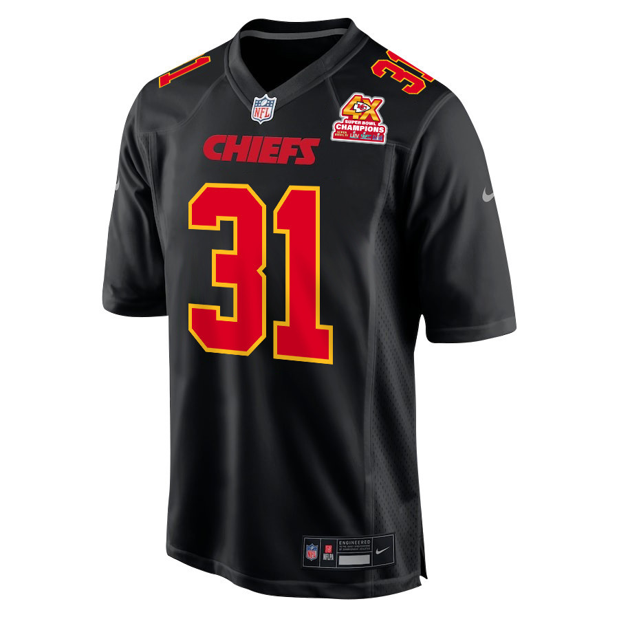 Alternative view of Nic Jones 31 Kansas City Chiefs Super Bowl LVIII Champions 4X Fashion Game Men Jersey - Carbon Black JS8415 nicesnker