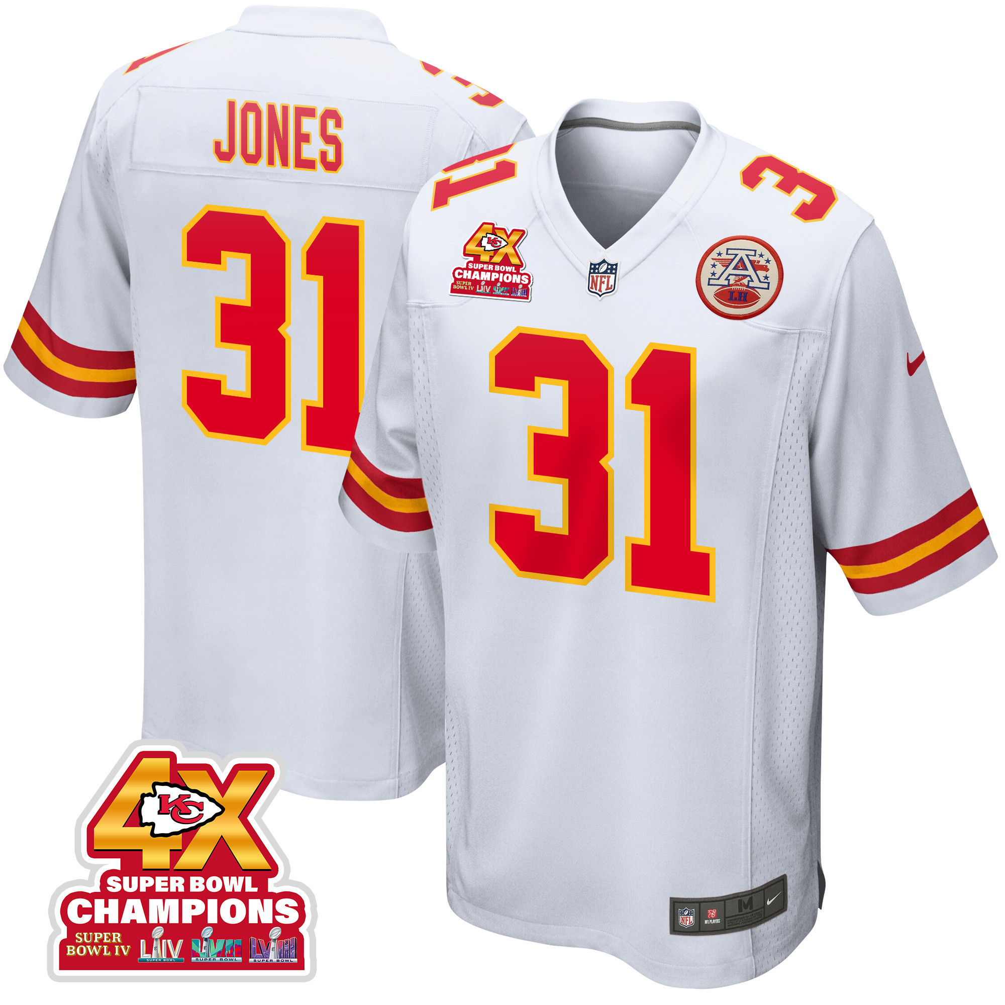 Nic Jones 31 Kansas City Chiefs Super Bowl LVIII Champions 4X Game Men Jersey - White JS6841 nicesnker