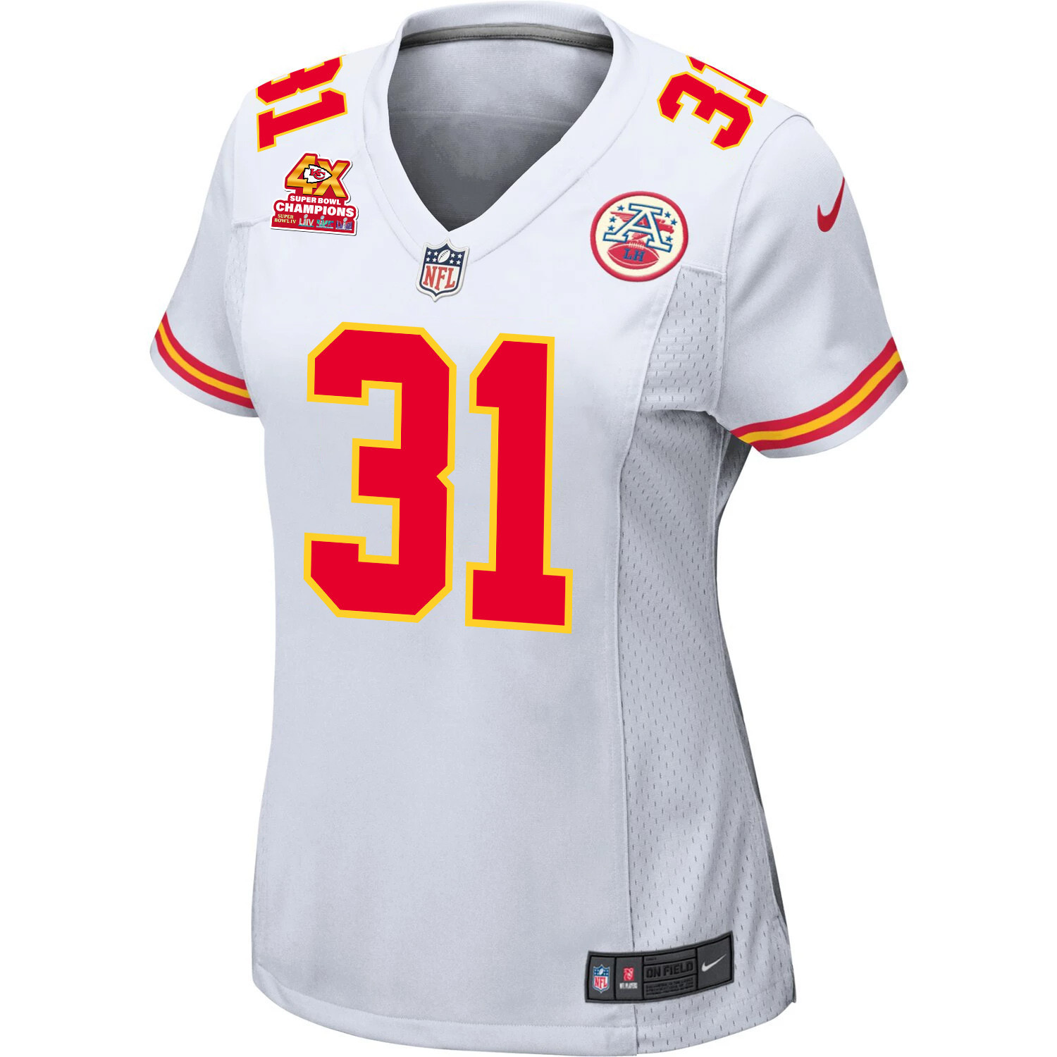 Alternative view of Nic Jones 31 Kansas City Chiefs Super Bowl LVIII Champions 4X Game Women Jersey - White JS5560 nicesnker