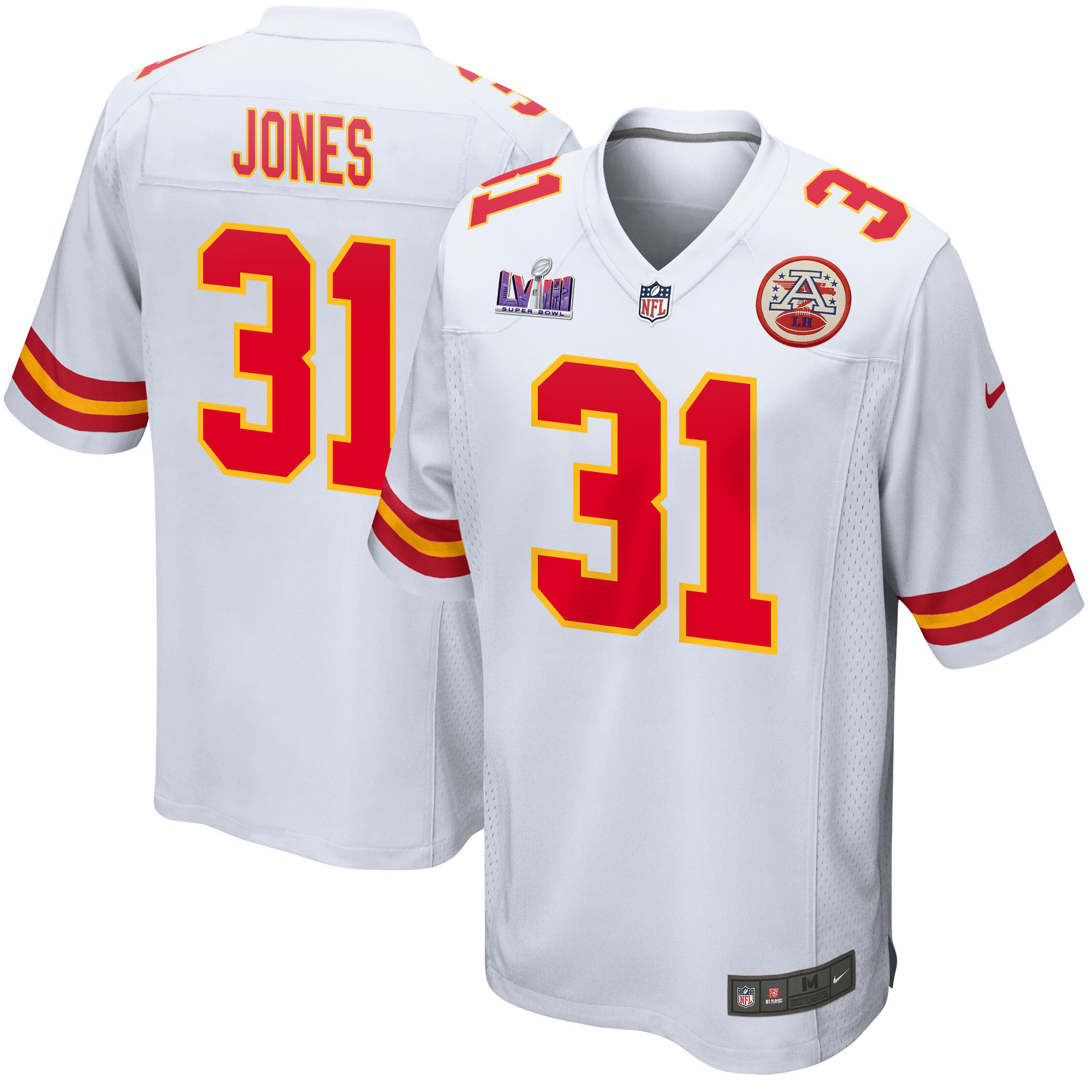 Nic Jones 31 Kansas City Chiefs Super Bowl LVIII Patch Game Men Jersey - White JS4773 nicesnker