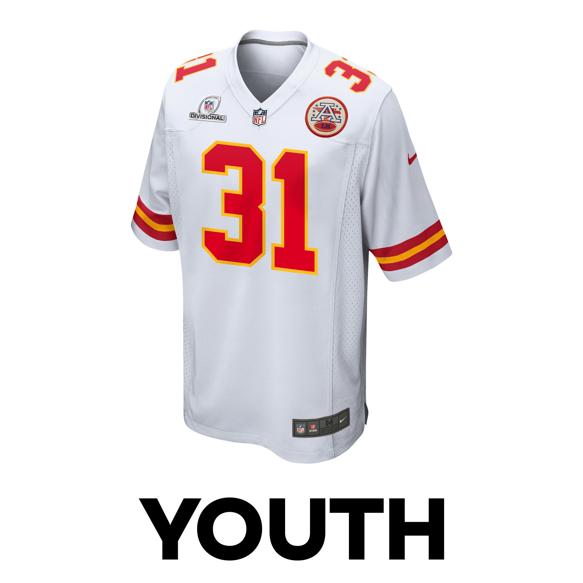 Alternative view of Nic Jones 31 Kansas City Chiefs Super Bowl LVIII Patch Game YOUTH Jersey - White JS7568 nicesnker