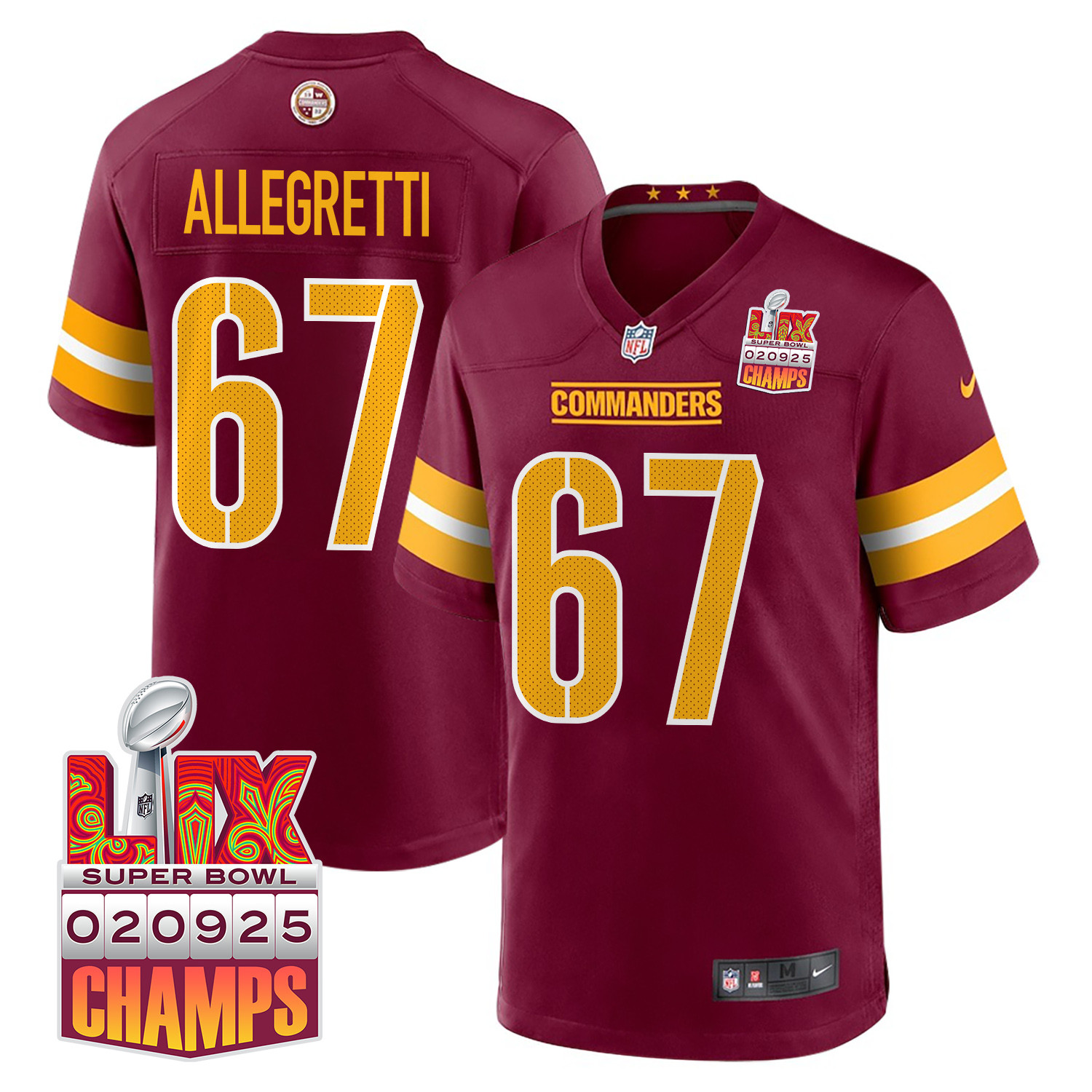 Nick Allegretti 67 Washington Commanders Super Bowl LIX Champions Patch Game Men Jersey - Burgundy JS3909 nicesnker