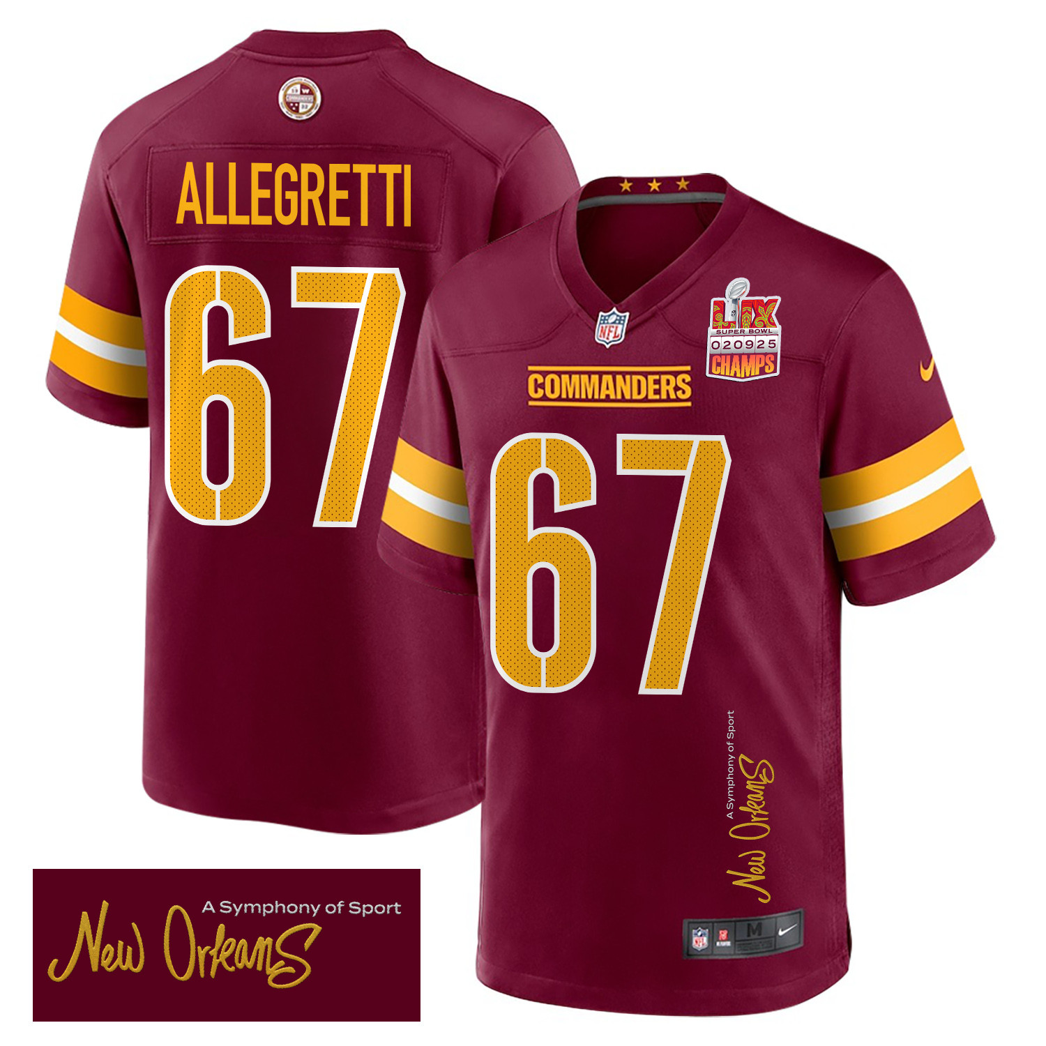 Nick Allegretti 67 Washington Commanders Super Bowl LIX Champions Patch 'New Orleans - A Symphony of Sport' EMBROIDERED Game Men Jersey - Burgundy JS3743 nicesnker