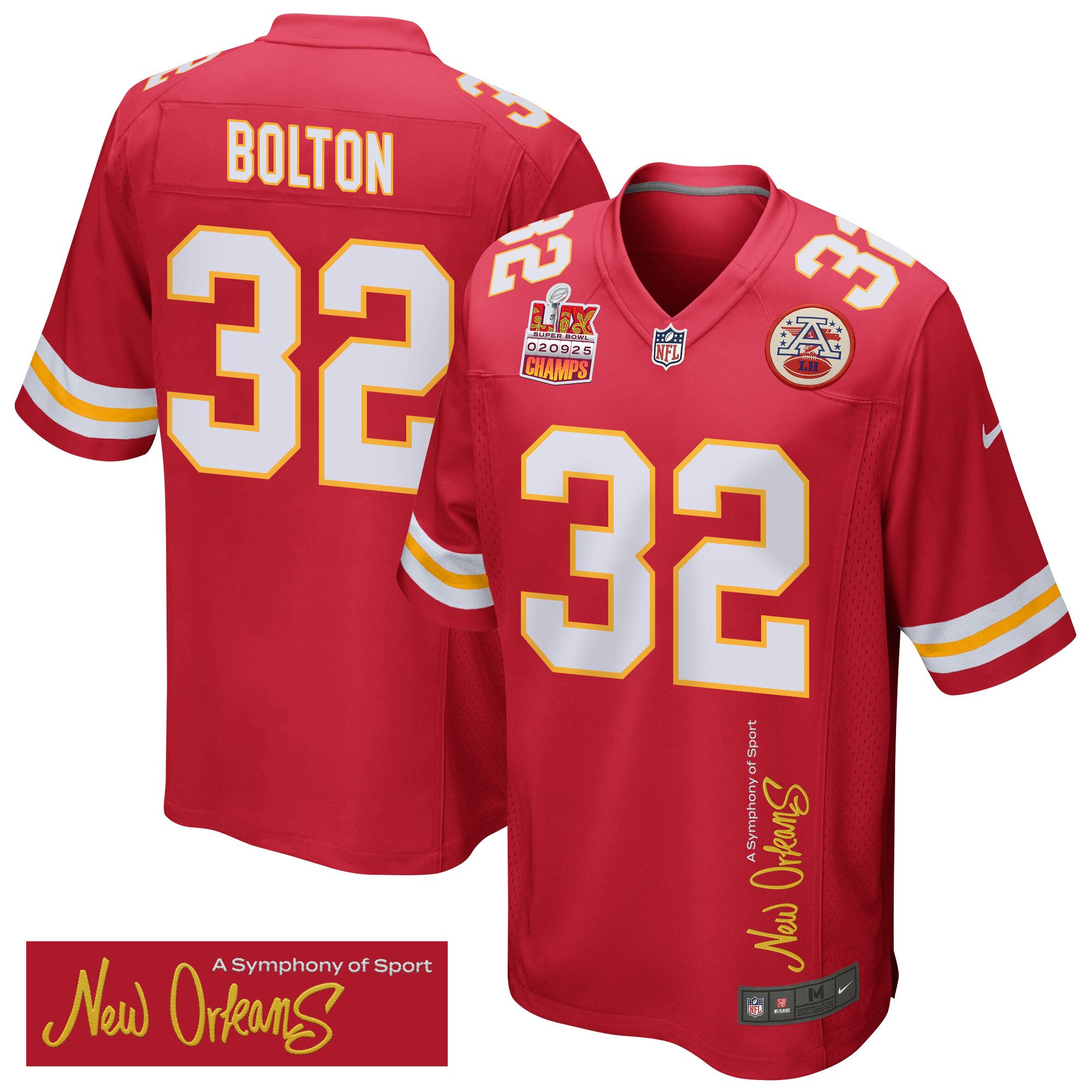 Nick Bolton 32 Kansas City Chiefs Super Bowl LIX Champions Patch 'New Orleans - A Symphony of Sport' EMBROIDERED Game Men Jersey - Red JS1593 nicesnker