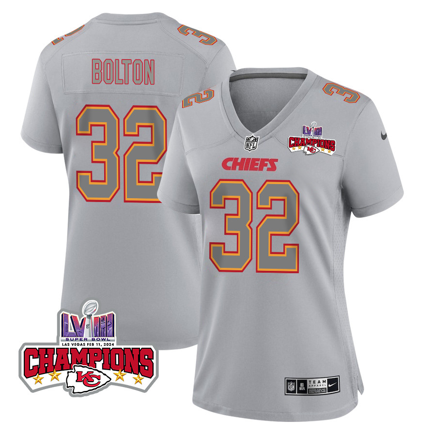 Nick Bolton 32 Kansas City Chiefs Super Bowl LVIII Champions 4 Stars Patch Atmosphere Fashion Game Women Jersey - Gray JS7129 nicesnker