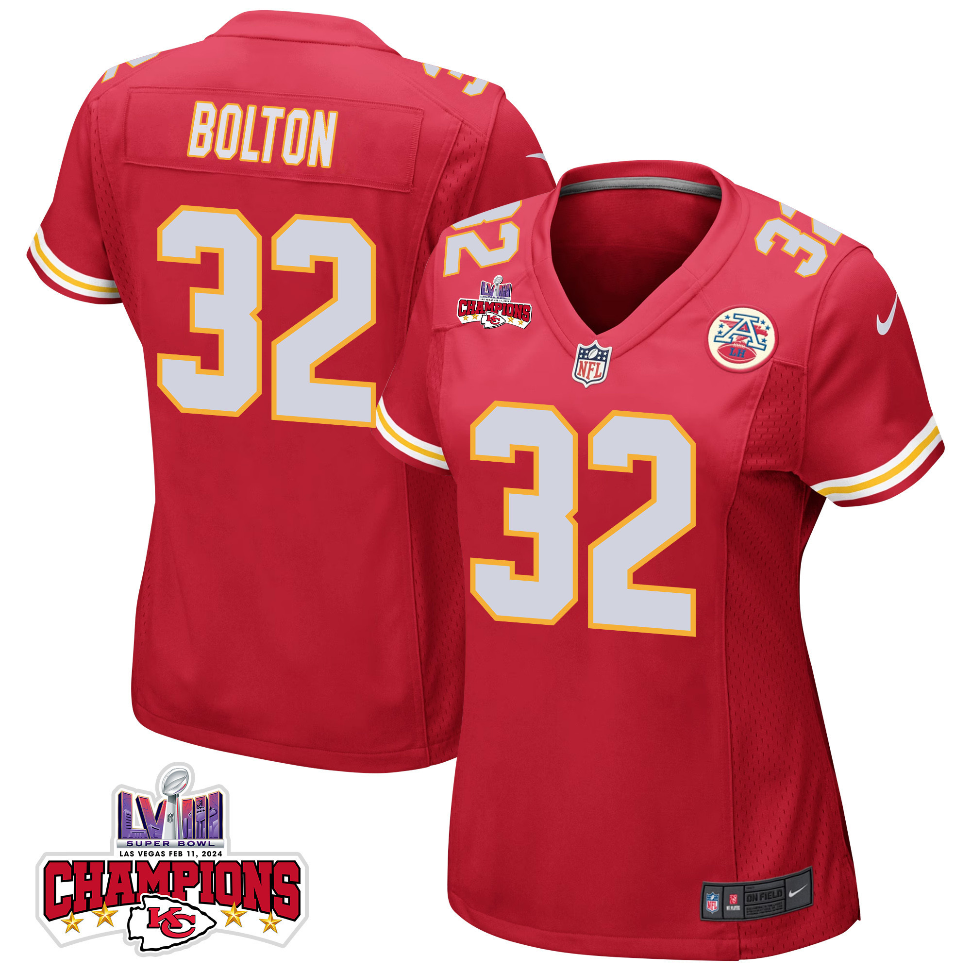 Nick Bolton 32 Kansas City Chiefs Super Bowl LVIII Champions 4 Stars Patch Game Women Jersey - Red JS8129 nicesnker