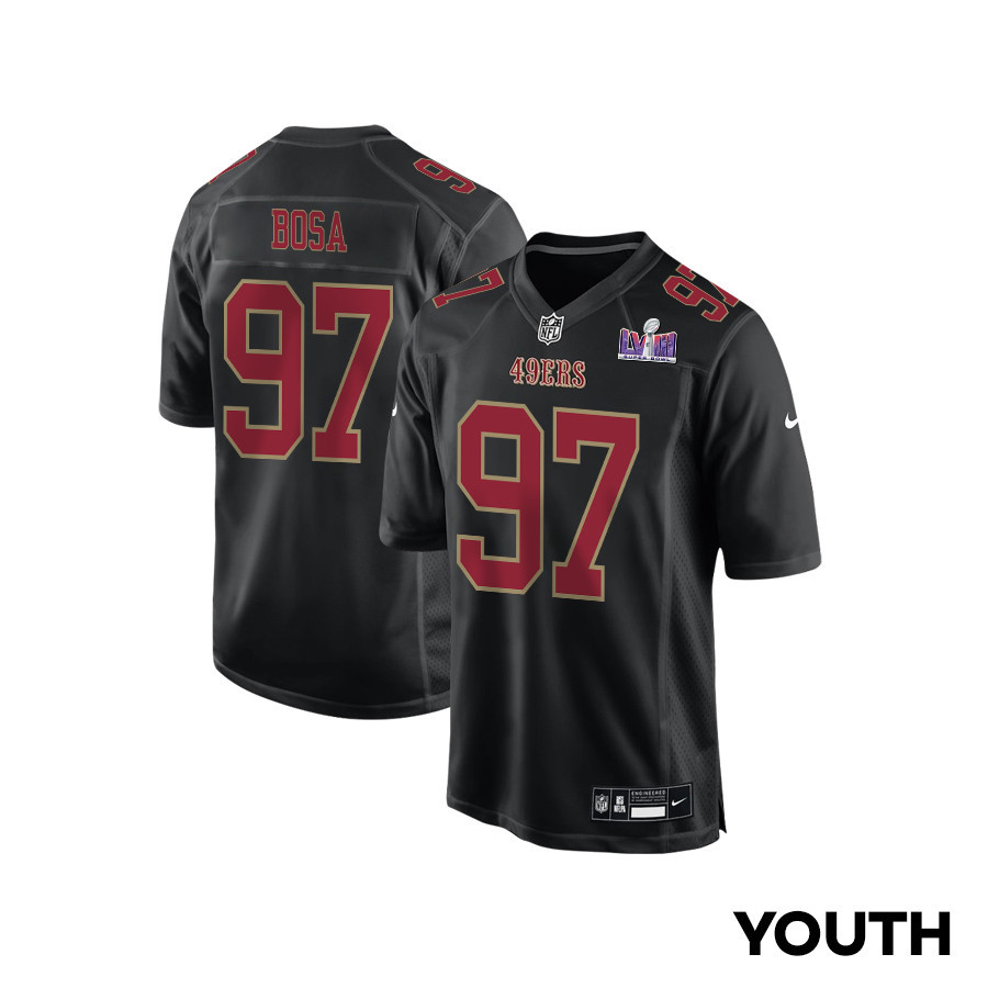 Nick Bosa 97 San Francisco 49ers Super Bowl LVIII Patch Fashion Game YOUTH Jersey - Carbon Black JS3218 nicesnker