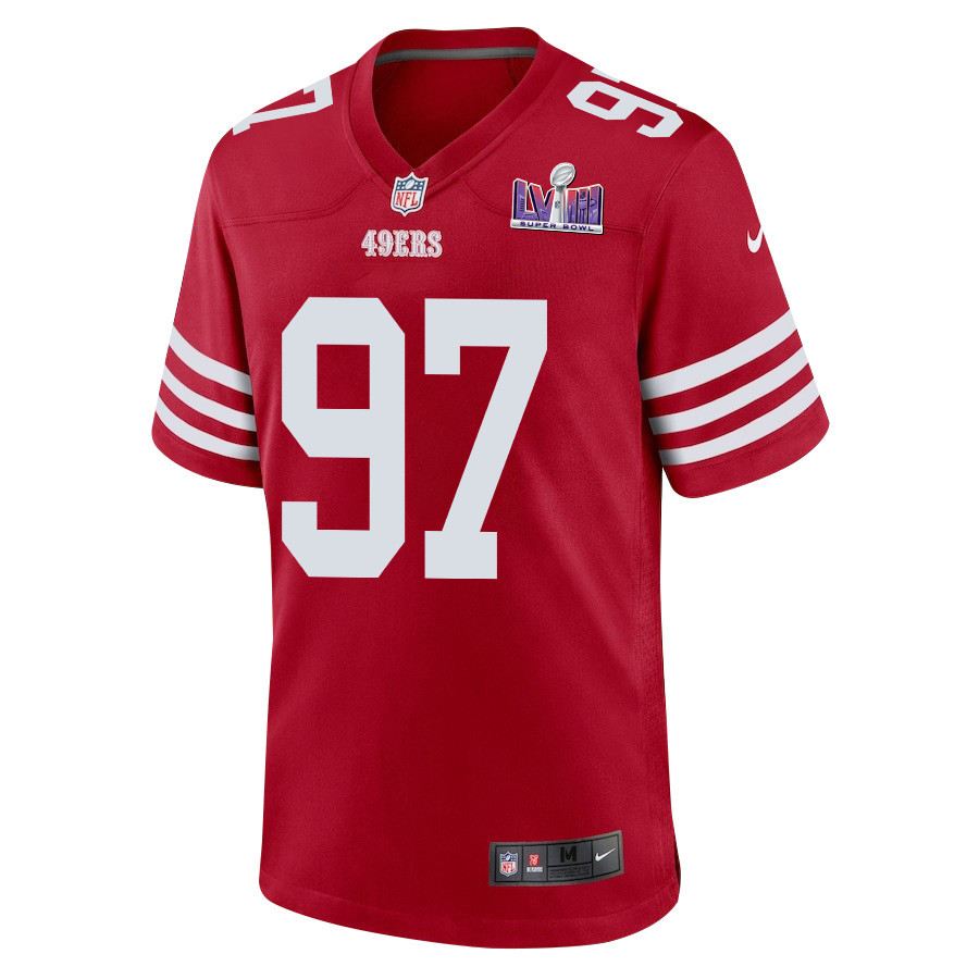 Alternative view of Nick Bosa 97 San Francisco 49ers Super Bowl LVIII Patch Game Men Jersey - Scarlet JS7681 nicesnker