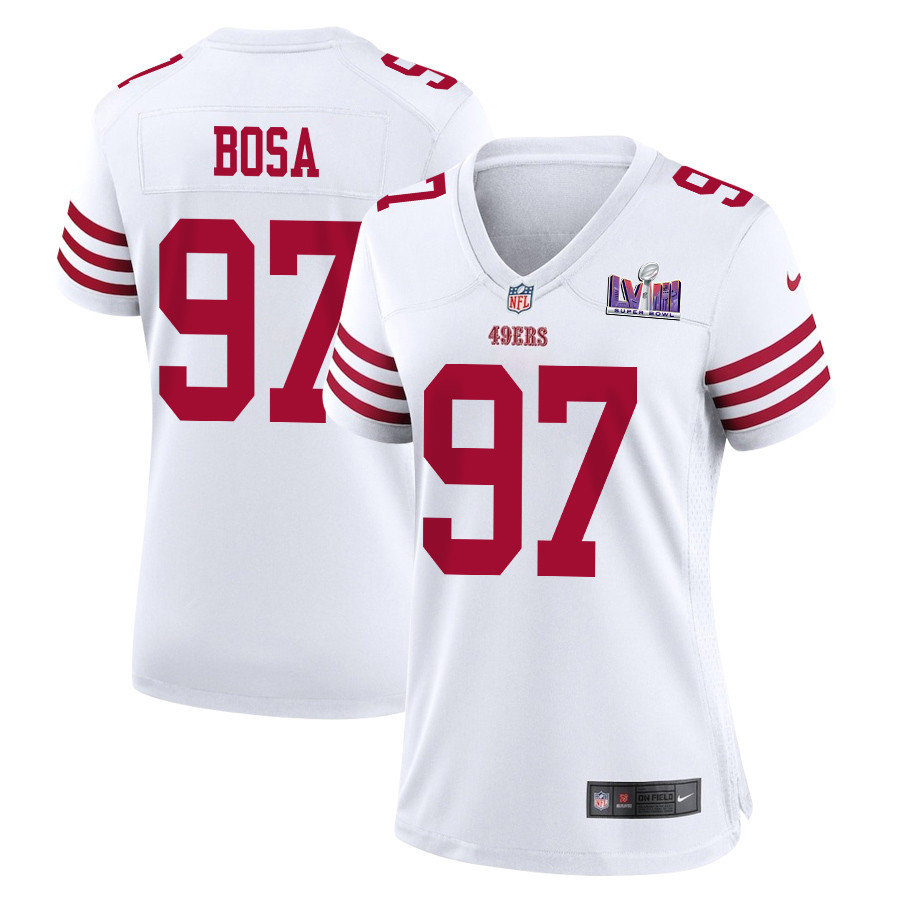 Nick Bosa 97 San Francisco 49ers Super Bowl LVIII Patch Game Women Jersey - White JS7234 nicesnker