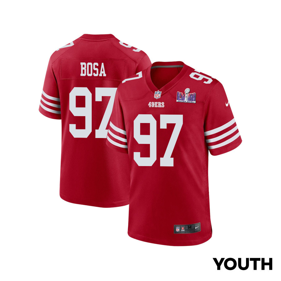 Nick Bosa 97 San Francisco 49ers Super Bowl LVIII Patch Game YOUTH Jersey - Scarlet JS4294 nicesnker