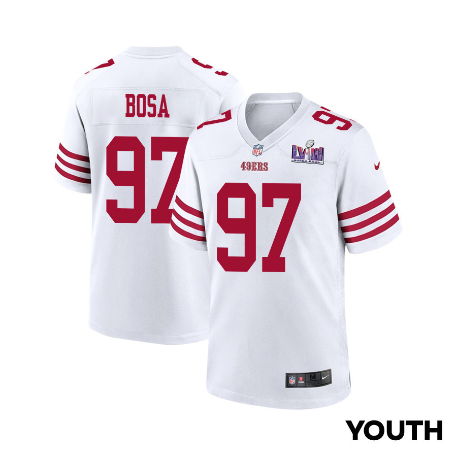 Nick Bosa 97 San Francisco 49ers Super Bowl LVIII Patch Game YOUTH Jersey - White JS1777 nicesnker