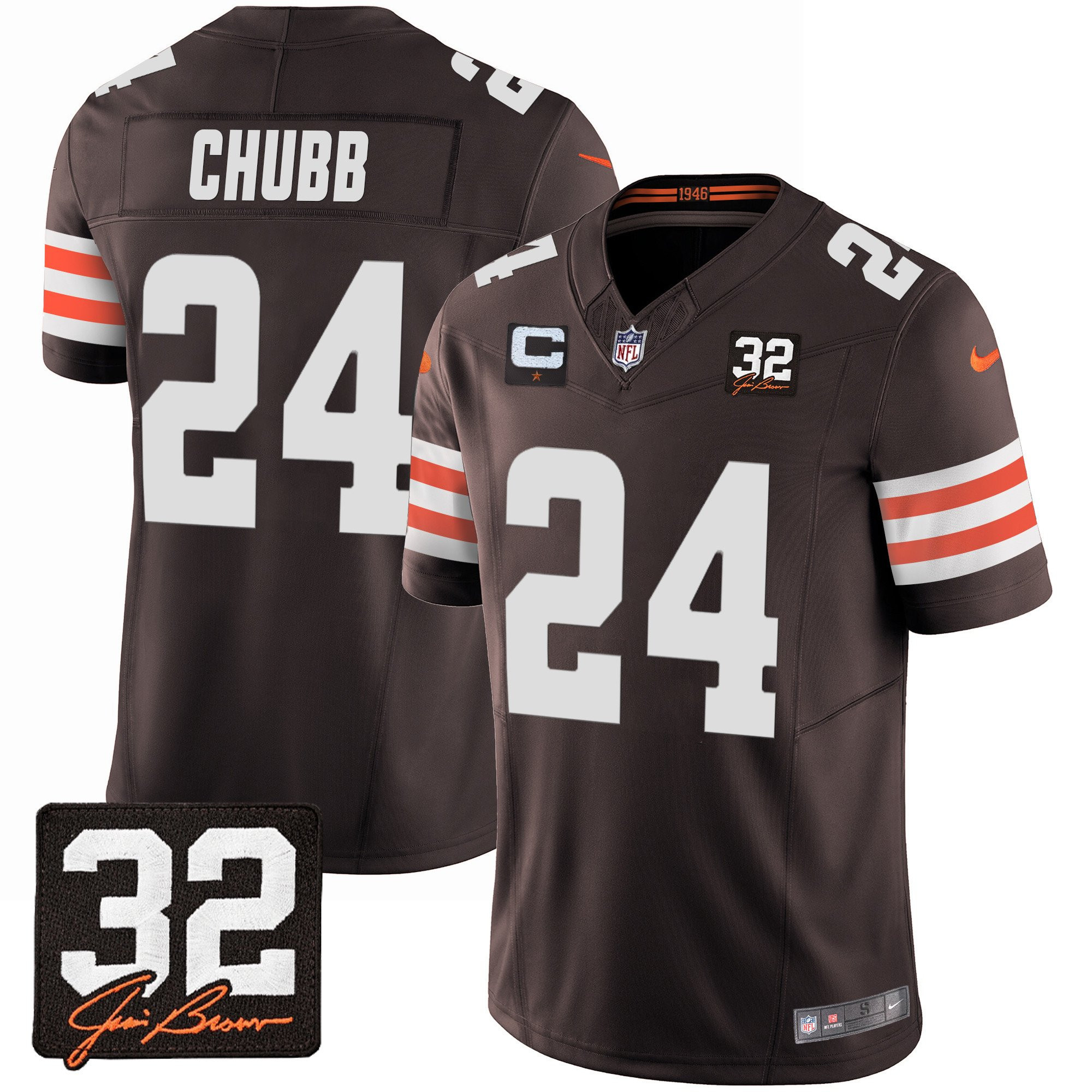 Nick Chubb 24 Cleveland Browns Jim Brown Memorial Patch Game Men Jersey - Brown JS4198 nicesnker