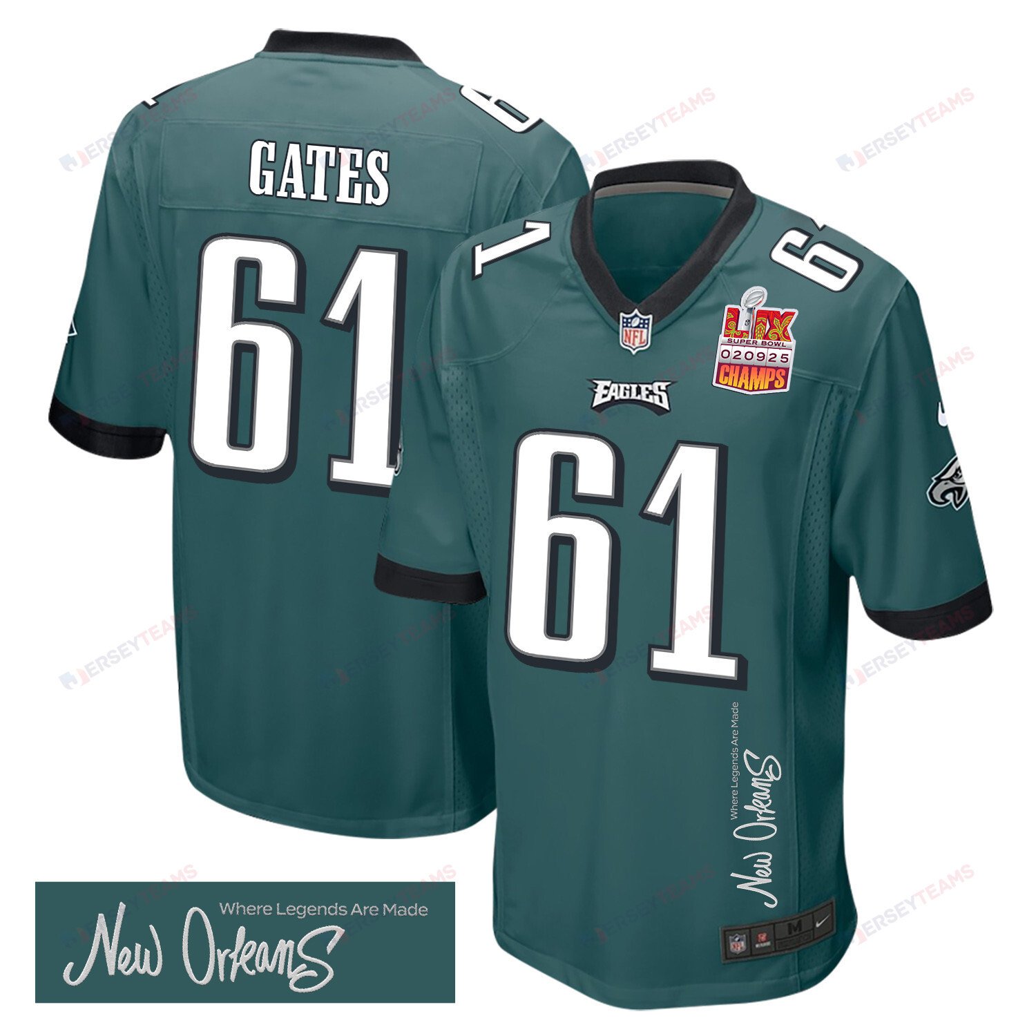 Nick Gates 61 Philadelphia Eagles Super Bowl LIX Champions Patch 'New Orleans - Where Legends Are Made' EMBROIDERED Game Men Jersey - Midnight Green JS8202 nicesnker