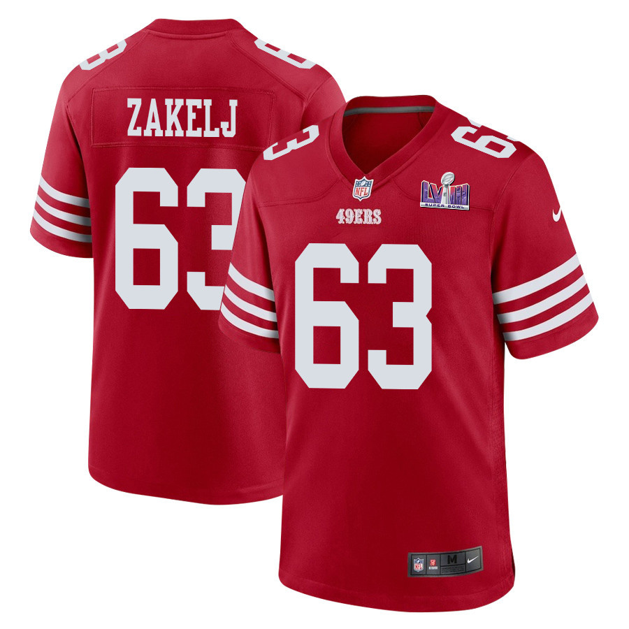 Nick Zakelj 63 San Francisco 49ers Super Bowl LVIII Patch Game Men Jersey - Scarlet JS8058 nicesnker