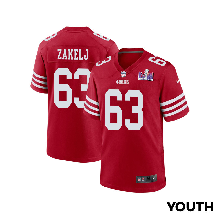 Nick Zakelj 63 San Francisco 49ers Super Bowl LVIII Patch Game YOUTH Jersey - Scarlet JS4512 nicesnker