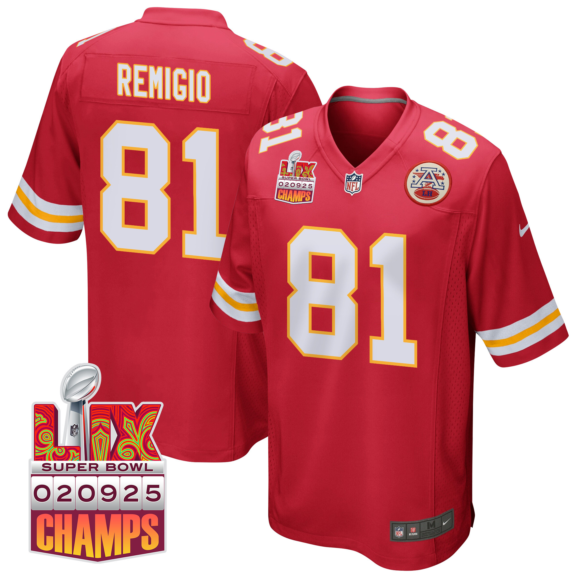 Nikko Remigio 81 Kansas City Chiefs Super Bowl LIX Champions Patch Game Men Jersey - Red JS3446 nicesnker