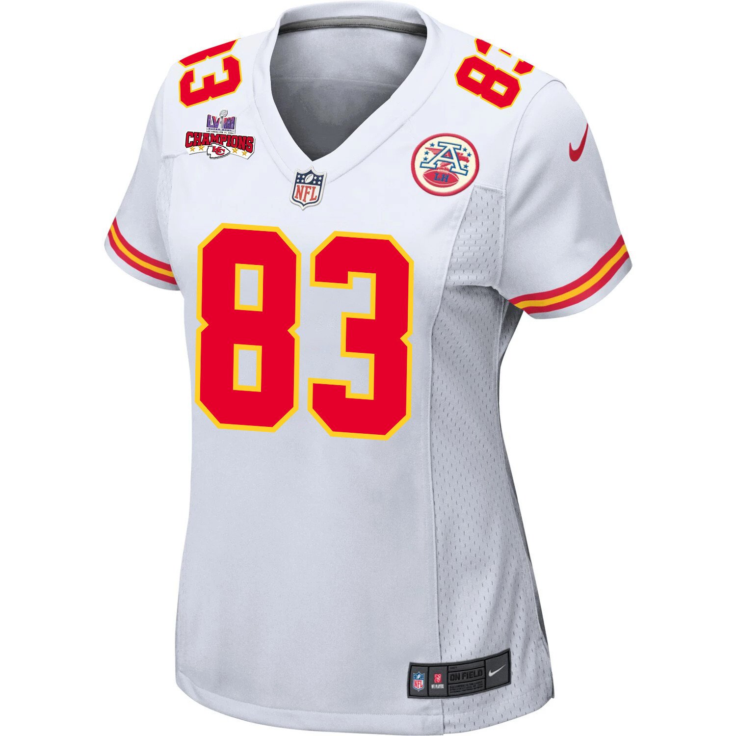 Alternative view of Noah Gray 83 Kansas City Chiefs Super Bowl LVIII Champions 4 Stars Patch Game Women Jersey - White JS2792 nicesnker