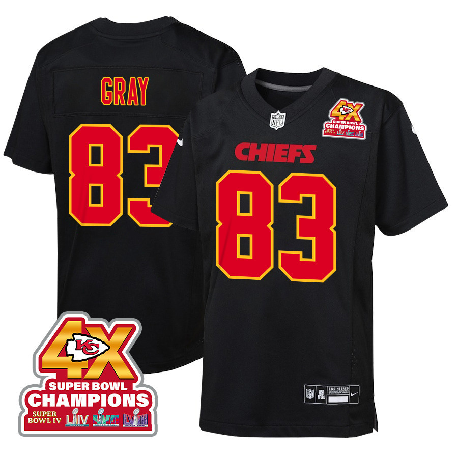 Noah Gray 83 Kansas City Chiefs Super Bowl LVIII Champions 4X Fashion Game YOUTH Jersey - Carbon Black JS8954 nicesnker