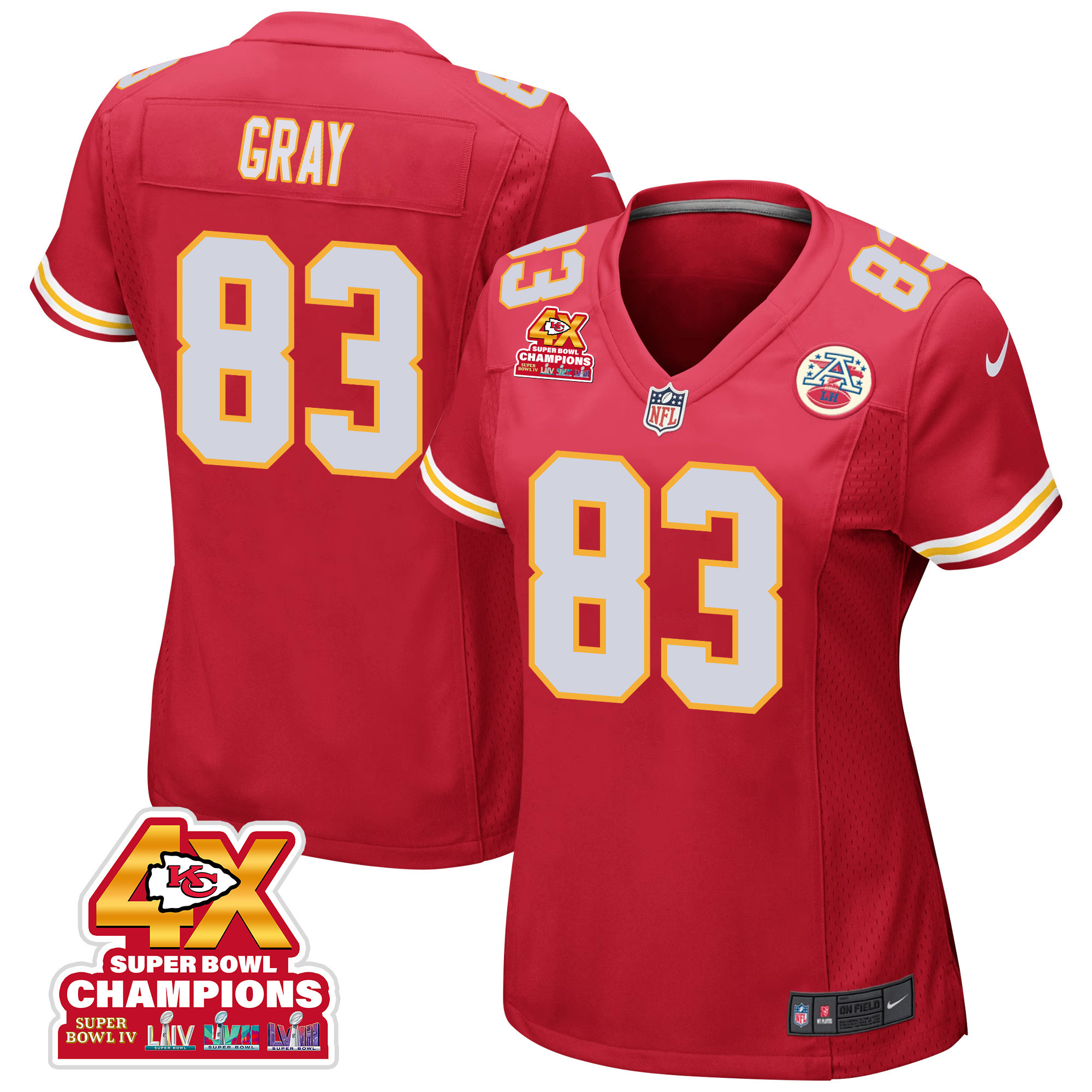 Noah Gray 83 Kansas City Chiefs Super Bowl LVIII Champions 4X Game Women Jersey - Red JS4293 nicesnker