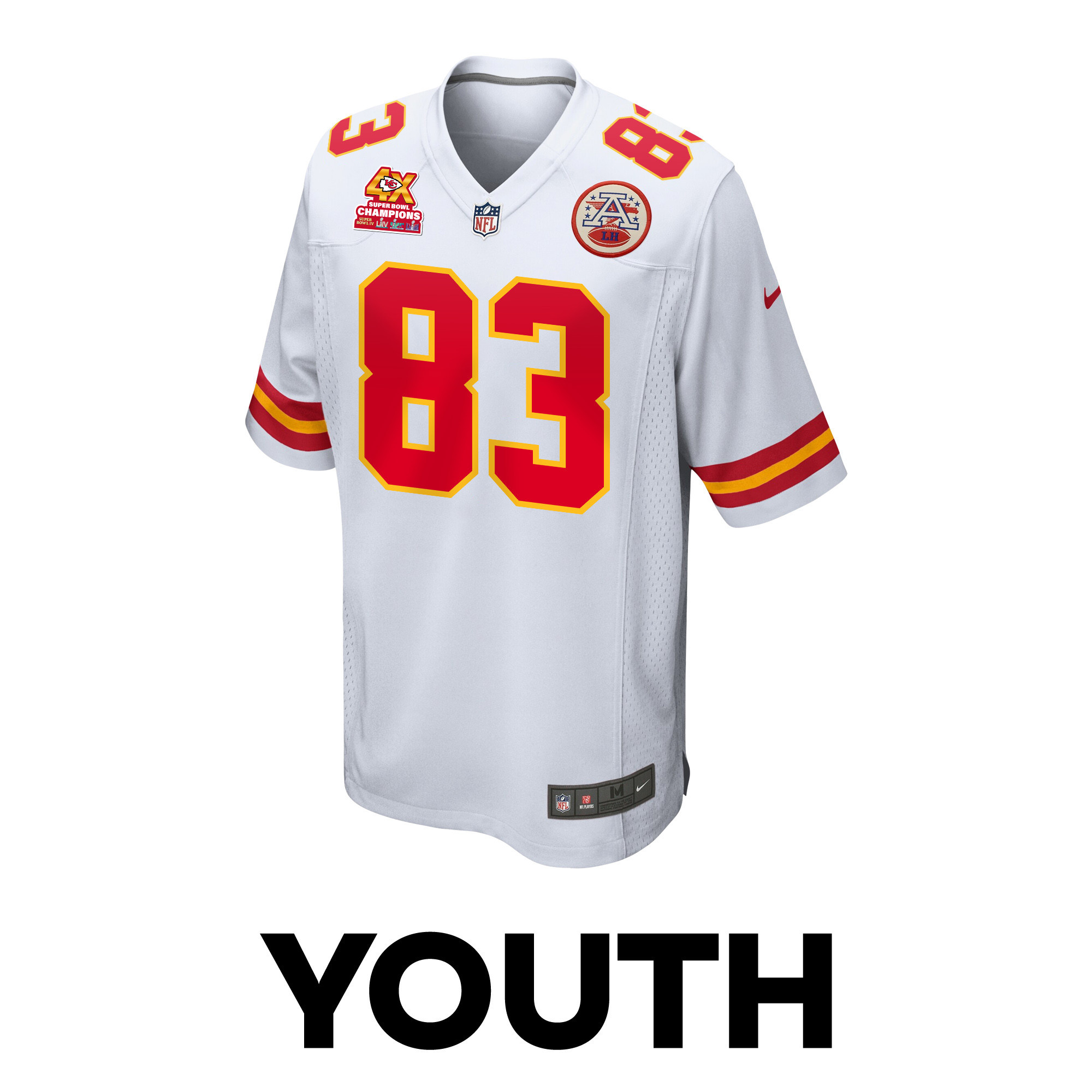 Alternative view of Noah Gray 83 Kansas City Chiefs Super Bowl LVIII Champions 4X Game YOUTH Jersey - White JS7277 nicesnker