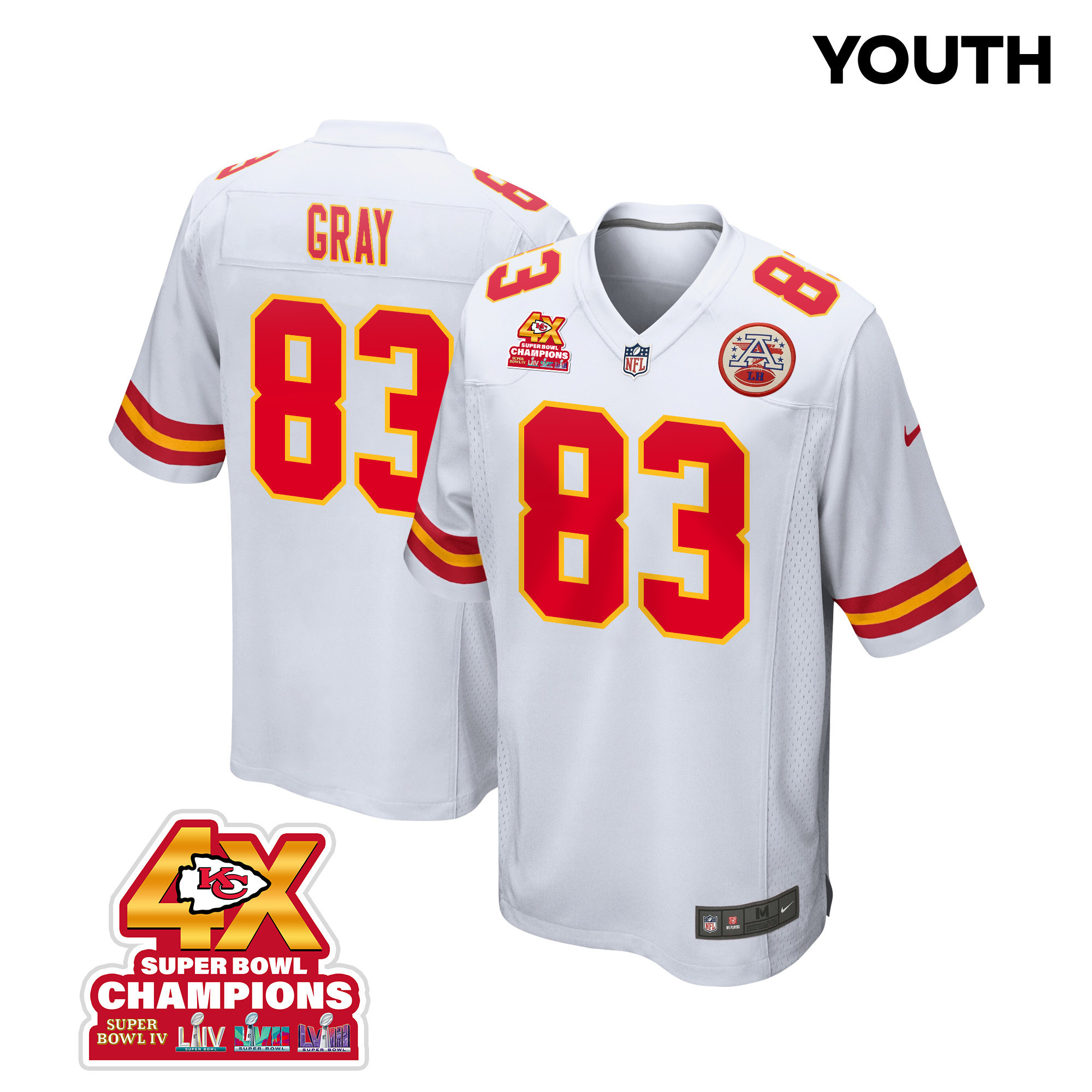 Noah Gray 83 Kansas City Chiefs Super Bowl LVIII Champions 4X Game YOUTH Jersey - White JS7277 nicesnker