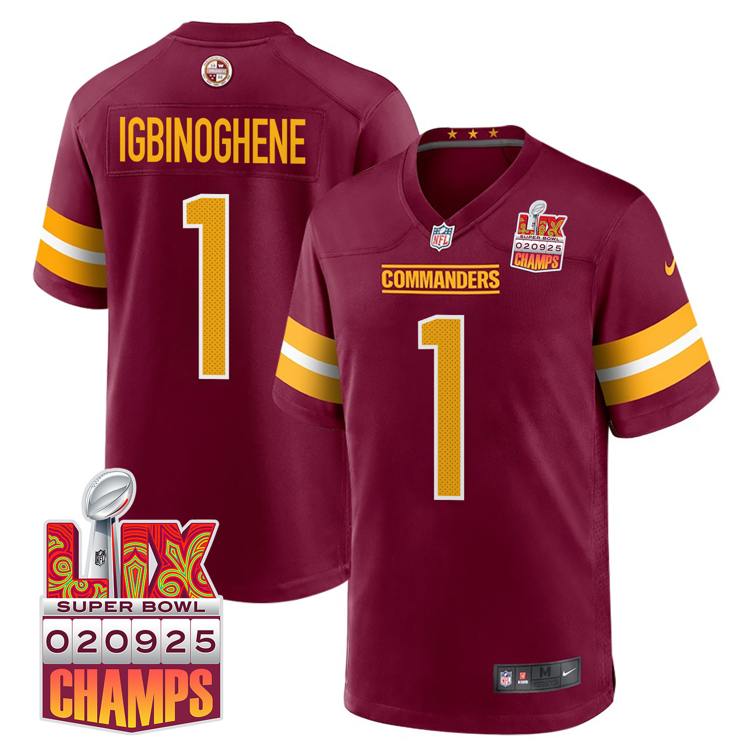 Noah Igbinoghene 1 Washington Commanders Super Bowl LIX Champions Patch Game Men Jersey - Burgundy JS6008 nicesnker
