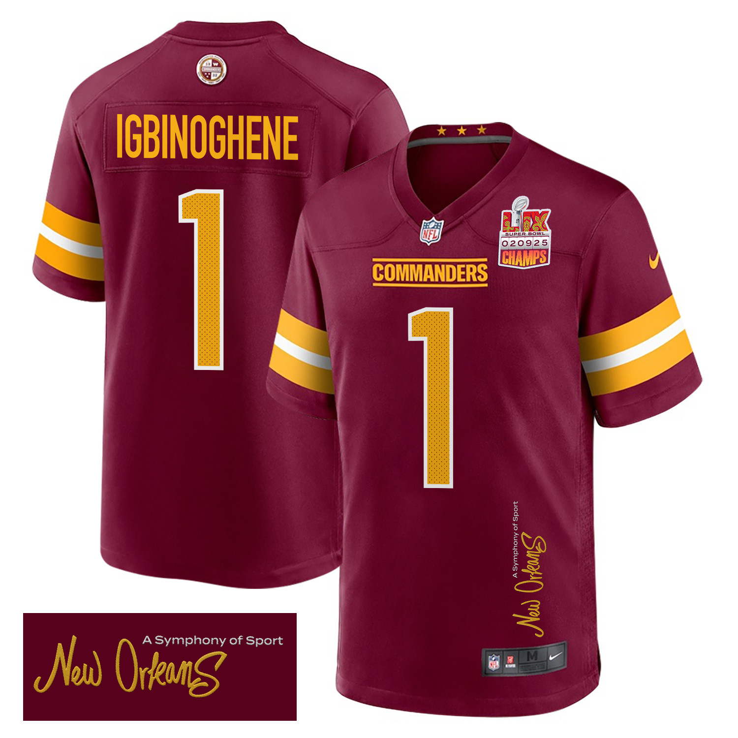 Noah Igbinoghene 1 Washington Commanders Super Bowl LIX Champions Patch 'New Orleans - A Symphony of Sport' EMBROIDERED Game Men Jersey - Burgundy JS8159 nicesnker