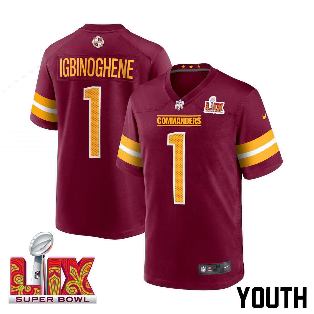 Noah Igbinoghene #1 Washington Commanders Super Bowl LIX Youth Jersey - Burgundy JS9454 nicesnker