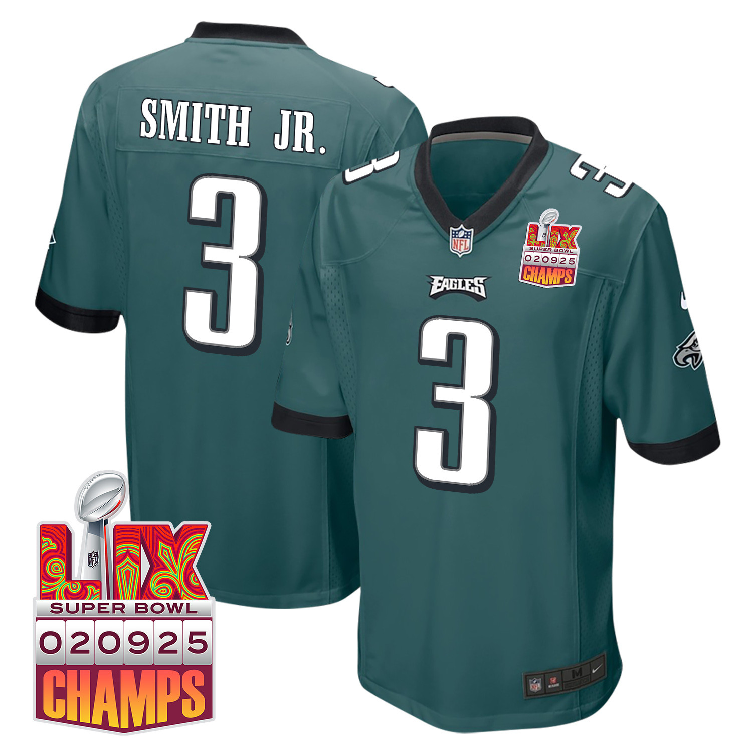 Nolan Smith Jr. 3 Philadelphia Eagles Super Bowl LIX Champions Patch Game Men Jersey - Midnight Green JS4862 nicesnker