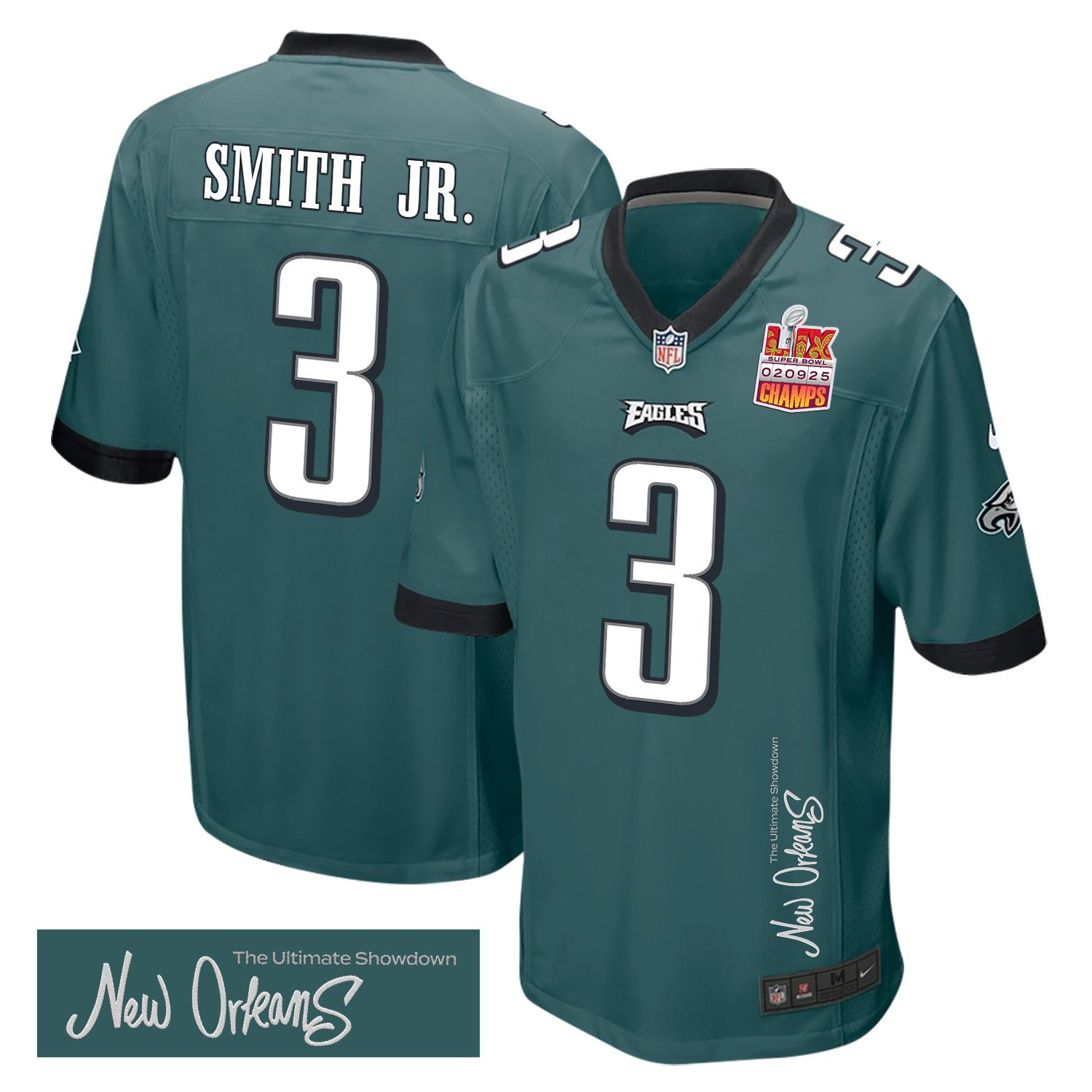 Nolan Smith Jr. 3 Philadelphia Eagles Super Bowl LIX Champions Patch 'New Orleans - The Ultimate Showdown' EMBROIDERED Game Men Jersey - Midnight Green JS7130 nicesnker