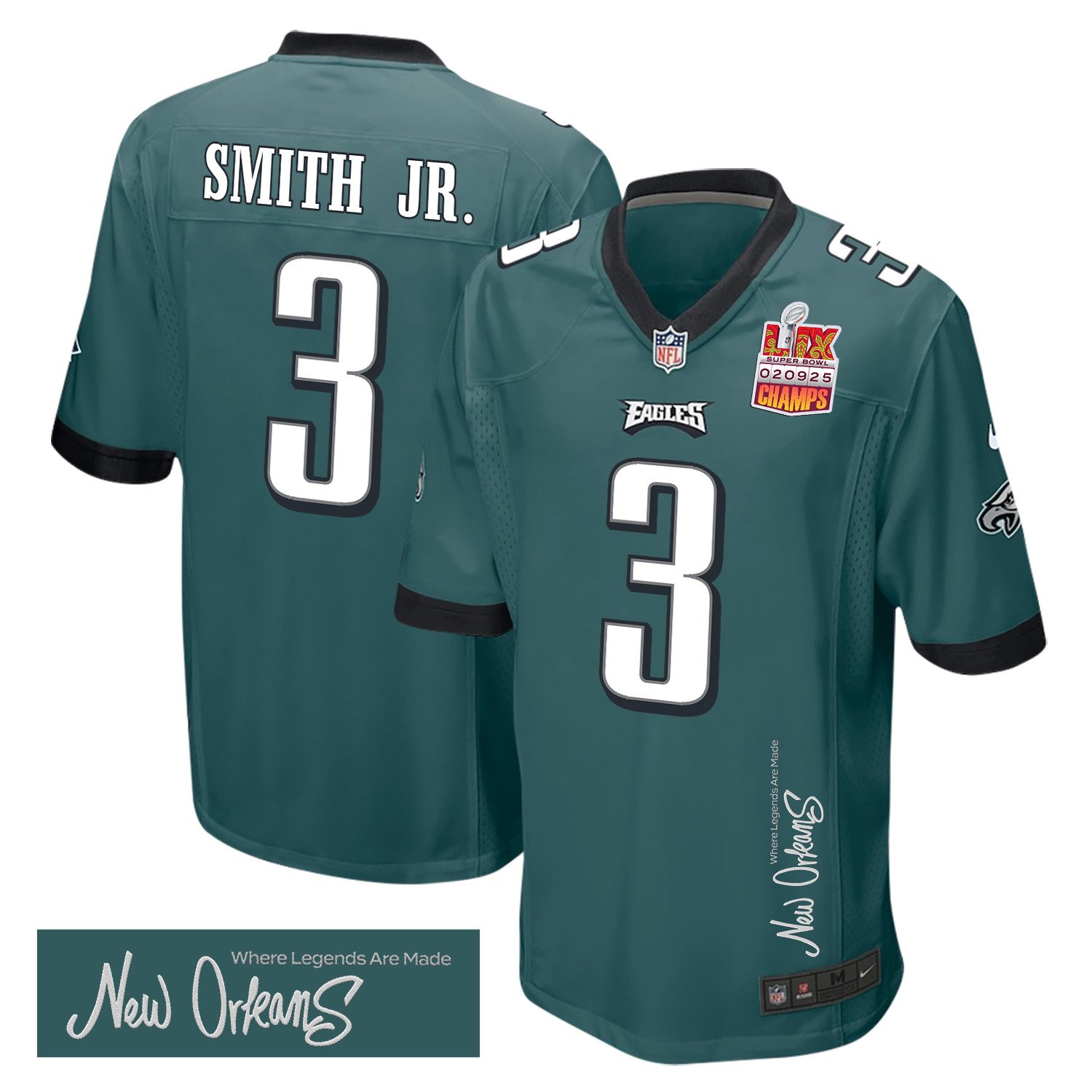 Nolan Smith Jr. 3 Philadelphia Eagles Super Bowl LIX Champions Patch 'New Orleans - Where Legends Are Made' EMBROIDERED Game Men Jersey - Midnight Green JS8871 nicesnker