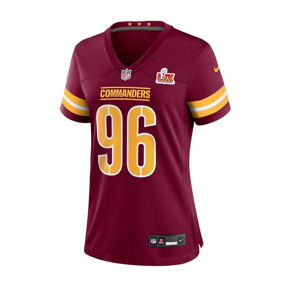 Alternative view of Norell Pollard #96 Washington Commanders Super Bowl LIX Women's Jersey - Burgundy JS5244 nicesnker