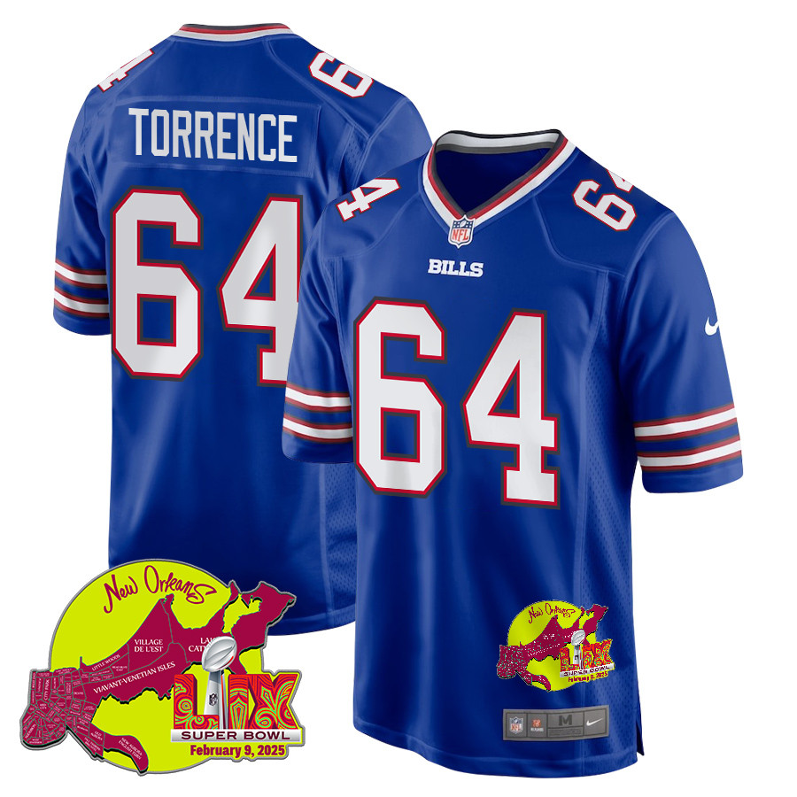 O'Cyrus Torrence 64 Buffalo Bills Super Bowl LIX New Orleans Patch Game Men Jersey - Royal JS7613 nicesnker