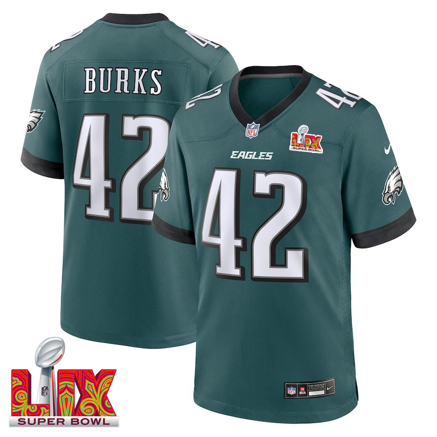 Oren Burks #42 Philadelphia Eagles Super Bowl LIX Jersey - Men's - Midnight Green JS8684 nicesnker