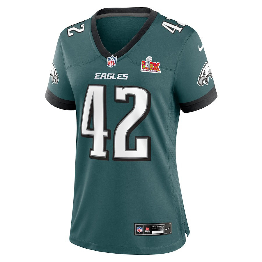 Alternative view of Oren Burks #42 Philadelphia Eagles Super Bowl LIX Women's Jersey - Midnight Green JS7233 nicesnker