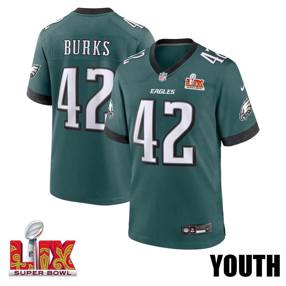 Oren Burks #42 Philadelphia Eagles Super Bowl LIX YOUTH Jersey - Midnight Green JS1497 nicesnker
