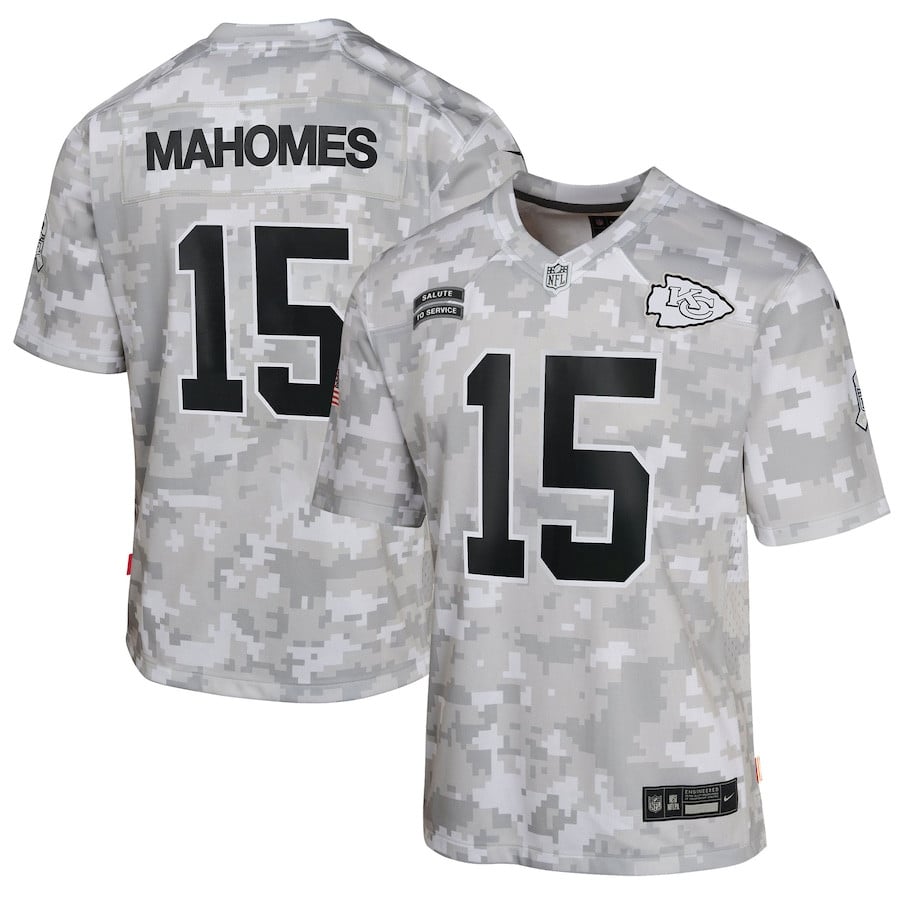 Patrick Mahomes 15 Kansas City Chiefs 2024 Salute to Service Game YOUTH Jersey - Arctic Camo JS3965 nicesnker