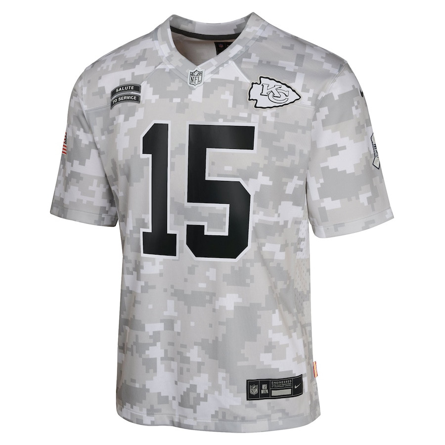 Alternative view of Patrick Mahomes 15 Kansas City Chiefs 2024 Salute to Service Game YOUTH Jersey - Arctic Camo JS3965 nicesnker