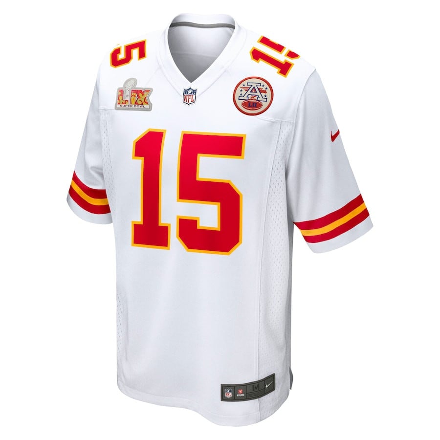 Alternative view of Patrick Mahomes 15 Kansas City Chiefs Super Bowl LIX Game Jersey - White JS3623 nicesnker