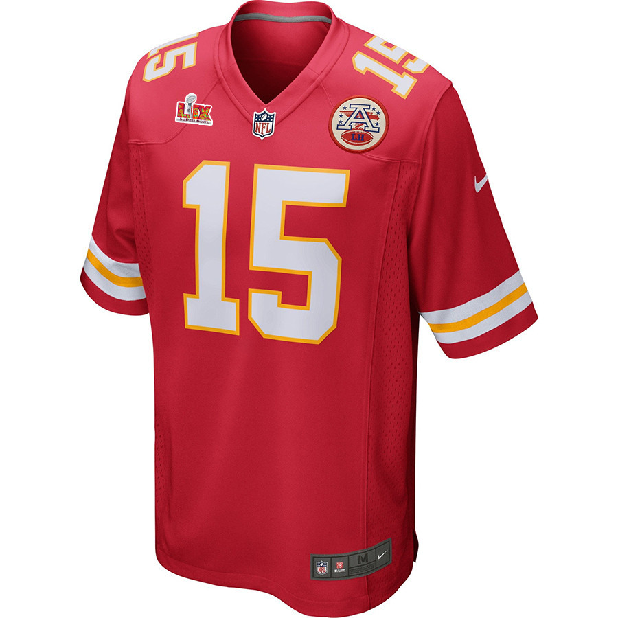 Alternative view of Patrick Mahomes #15 Kansas City Chiefs Super Bowl LIX Jersey - Men's - Red JS1572 nicesnker