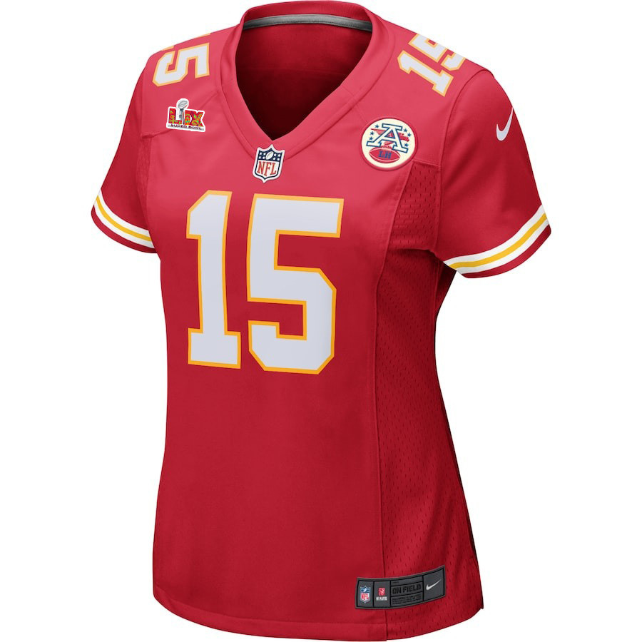 Alternative view of Patrick Mahomes #15 Kansas City Chiefs Super Bowl LIX Women's Jersey - Red JS4670 nicesnker
