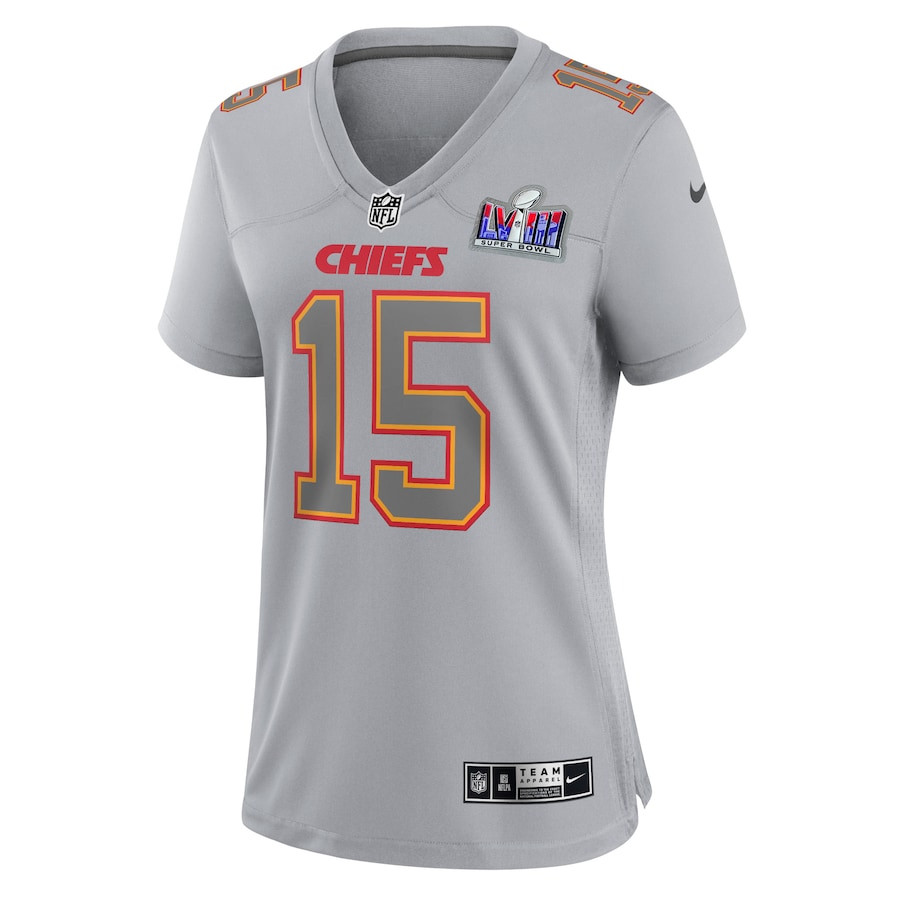 Alternative view of Patrick Mahomes 15 Kansas City Chiefs Super Bowl LVIII Atmosphere Fashion Game Women Jersey - Gray JS2286 nicesnker