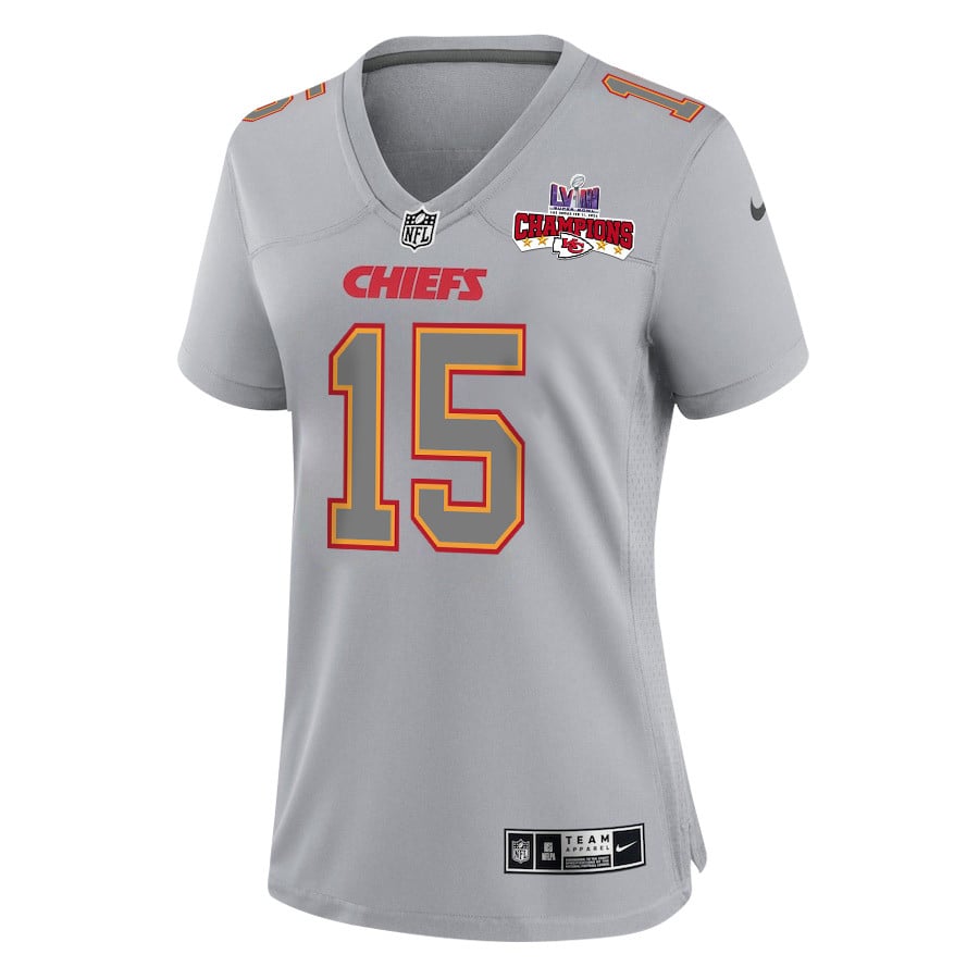 Alternative view of Patrick Mahomes 15 Kansas City Chiefs Super Bowl LVIII Champions 4 Stars Patch Atmosphere Fashion Game Women Jersey - Gray JS8505 nicesnker