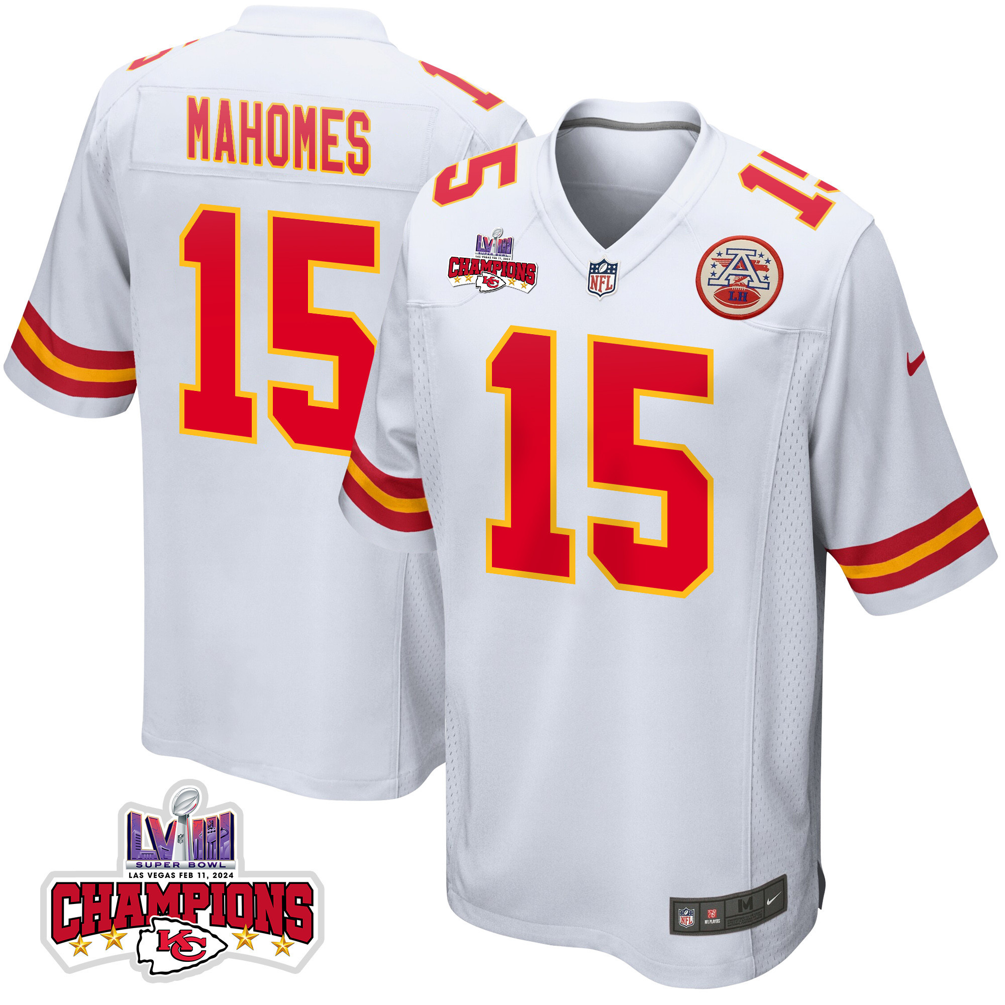 Patrick Mahomes 15 Kansas City Chiefs Super Bowl LVIII Champions 4 Stars Patch Game Men Jersey - White JS4070 nicesnker