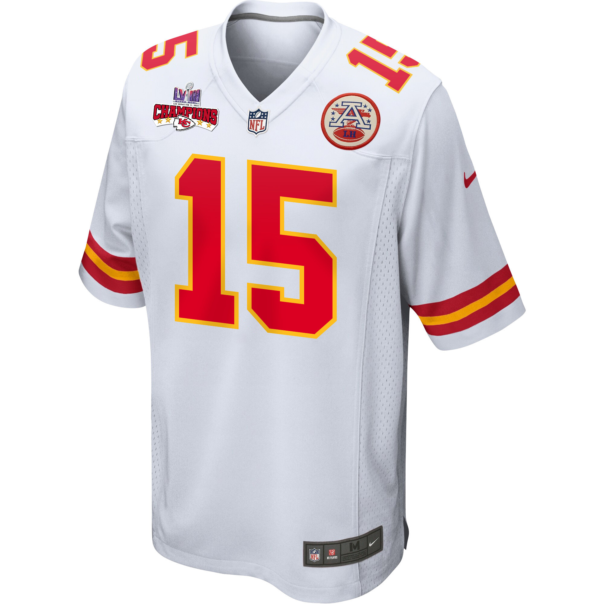 Alternative view of Patrick Mahomes 15 Kansas City Chiefs Super Bowl LVIII Champions 4 Stars Patch Game Men Jersey - White JS4070 nicesnker
