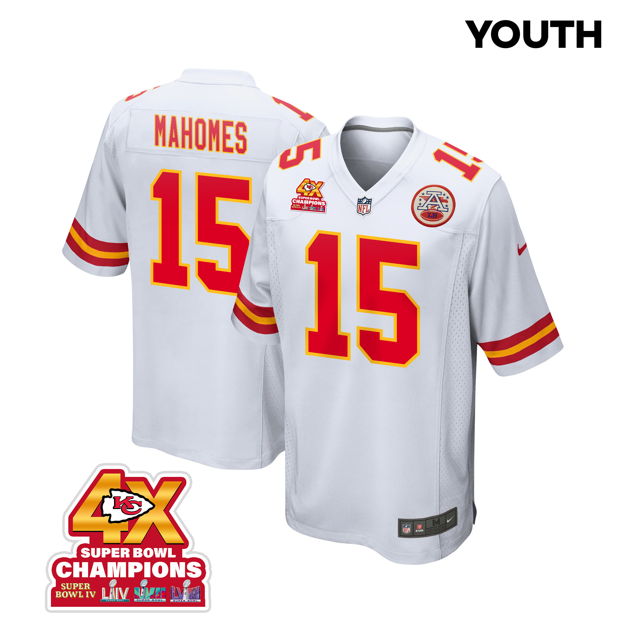 Patrick Mahomes 15 Kansas City Chiefs Super Bowl LVIII Champions 4X Game YOUTH Jersey - White JS6082 nicesnker
