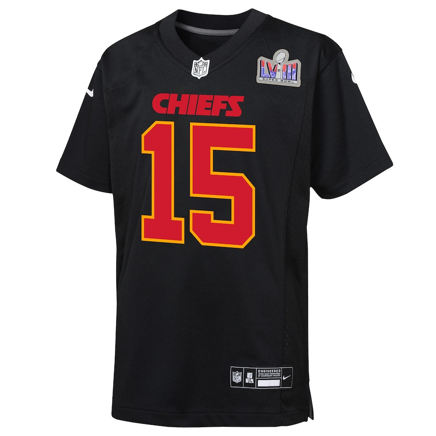 Alternative view of Patrick Mahomes 15 Kansas City Chiefs Super Bowl LVIII Patch Fashion Game YOUTH Jersey - Carbon Black JS9190 nicesnker